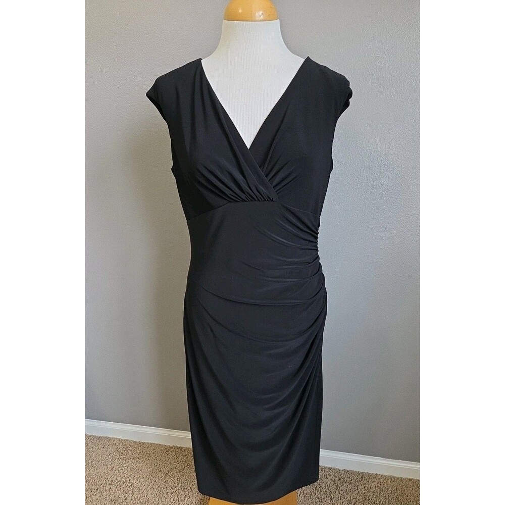 Lauren Ralph Lauren | Size 10 | Faux Wrap Black Midi Cocktail Dress Plunge neck